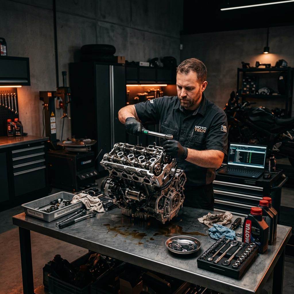 Mecánico reparando motor de moto en Tucumán